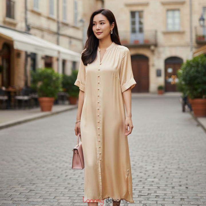 Beige silk mandarin-collar dress